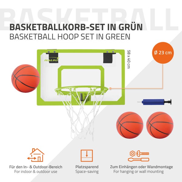 Hauki Mini Basketballkorb fürs Zimmer im Set 3 Bälle Ø16cm, Netz, Pumpe, 58x40 cm, Grün, tragbar, Backboard Tür/Wandmontage, ohne Bohren, Indoor Basketball Hoop hängend, Hängebrett Basketballbrett
