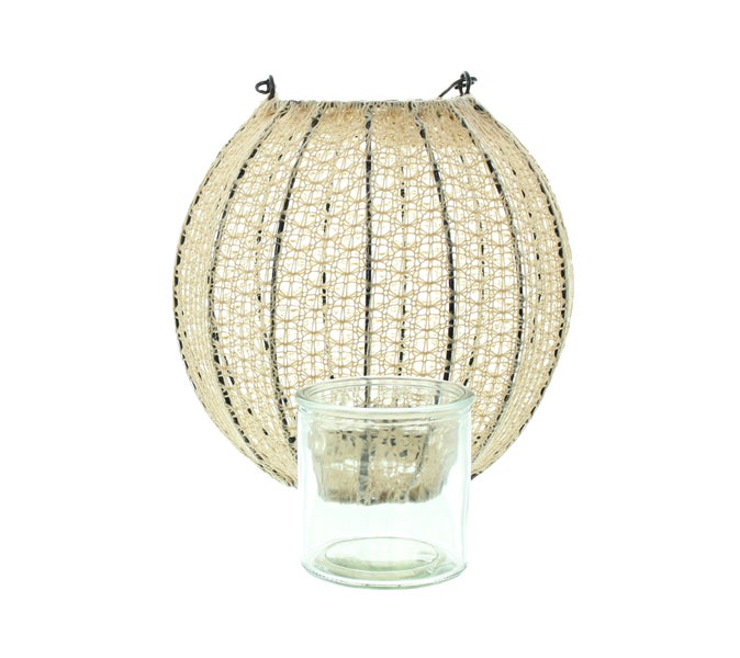 FRANK FLECHTWAREN | Laterne Webart, beige, 22 x 22 x 19 cm, Glas Ø 8 x 8 cm, POLYESTER, BAUMWOLLE, METALL, GLAS