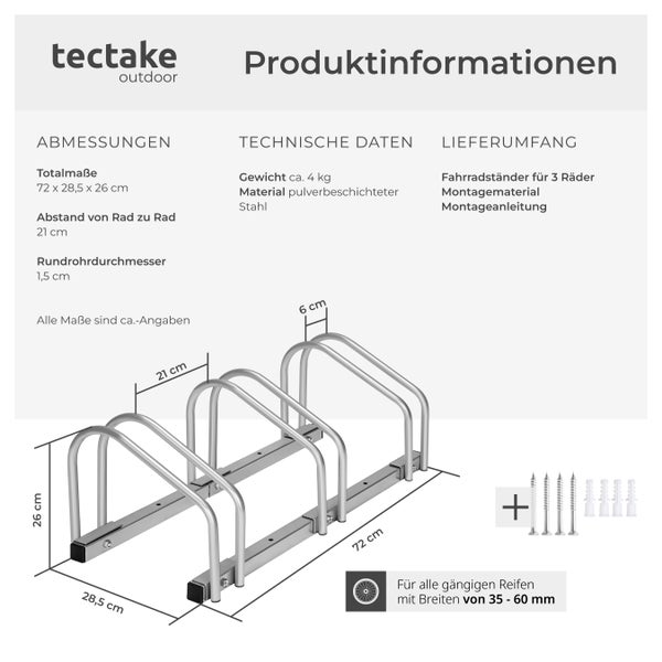 Fahrradständer tectake  von beiden Seiten befahrbar aus rostfreiem Stahl silber