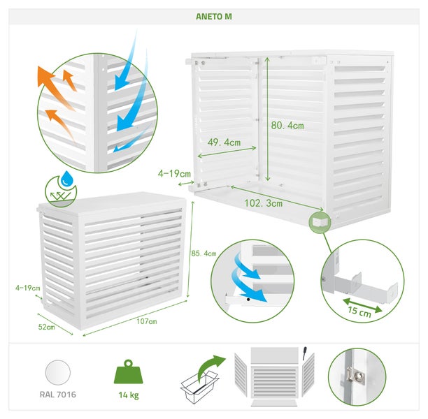 Aneto M Klimaanlagenverkleidung mit Maßangaben, Gewicht 14 Kilogramm und RAL 7016 Farbangabe