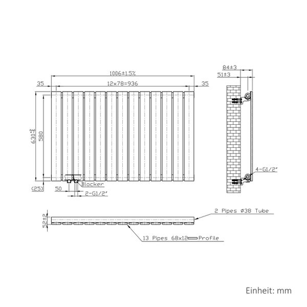 Maßzeichnung Heizkörper: Breite 1006 Millimeter, Höhe 630 Millimeter, 13 Lamellen mit Profil 68 mal 12 Millimeter, Anschlüsse G 1 durch 2 Zoll.