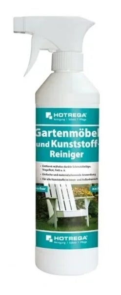 Hotrega Gartenmöbel und Kunststoff Reiniger in der Sprühflasche zur Reinigung von Gartenmöbeln und Kunststoffoberflächen.