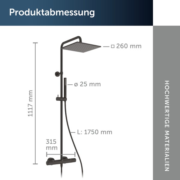 Produktabmessungen einer Duscharmatur mit Kopfbrause, Handbrause und Thermostat.
