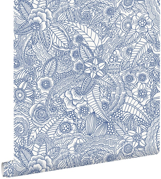 ESTAhome Tapete Blumenzeichnungen Blau - 53 cm x 10,05 m - 148615