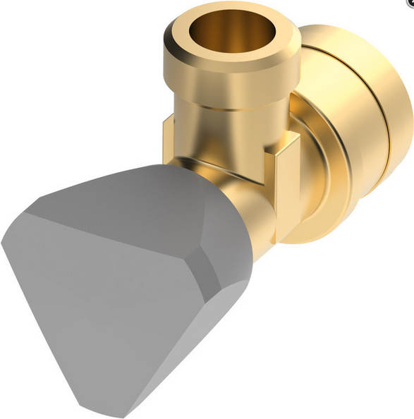 Messing-Eckventil mit grauem dreieckigem Griff.