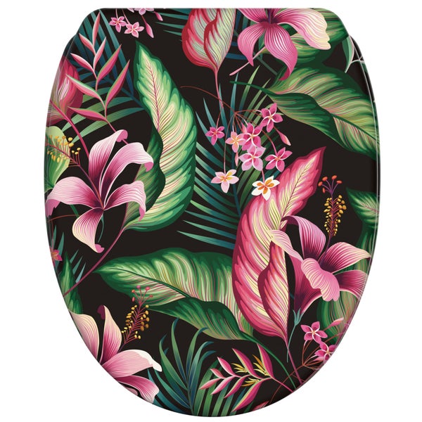 Toilettensitz mit tropischem Blumen und Blättermuster