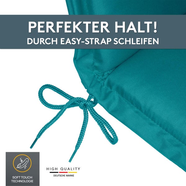 Detailansicht eines Gartenpolsters mit Befestigungskordel, Text: Perfekter Halt durch Easy-Strap Schleifen und Soft-Touch-Technologie-Logo.