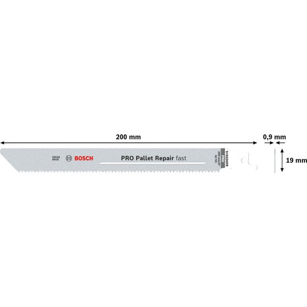 Bosch Säbelsägeblatt mit einer Länge von 200 mm, einer Dicke von 0,9 mm und einer Breite von 19 mm zur Palettenreparatur.