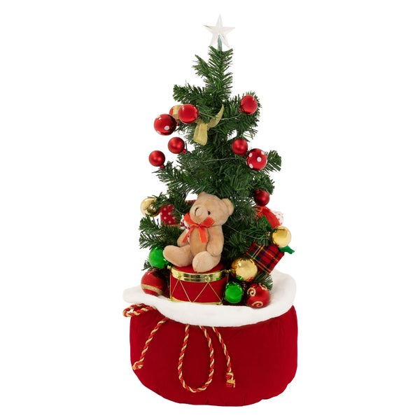 ECD Germany Künstlicher Mini-Weihnachtsbaum mit Beleuchtung Weihnachtsdeko, LED-Tannenbaum klein mit Teddybär im Geschenksack & Lichterkette,