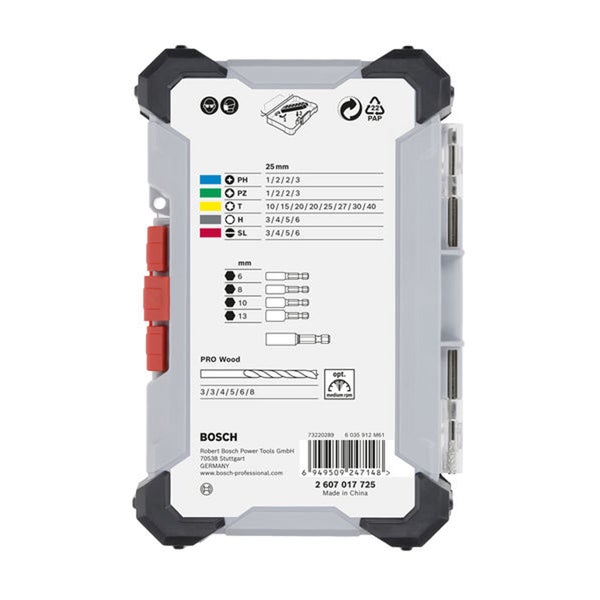 Bosch Logo. Informationen zu Schraubentypen und -größen sowie Bohrergrößen für Holz.
