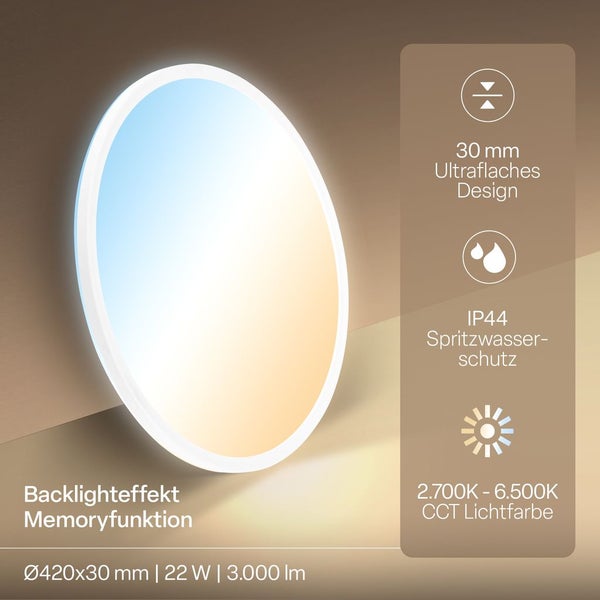 Runde LED-Deckenleuchte mit Backlighteffekt, 30 Millimeter ultraflachem Design, IP44 Spritzwasserschutz und Lichtfarbe von 2700 bis 6500 Kelvin.