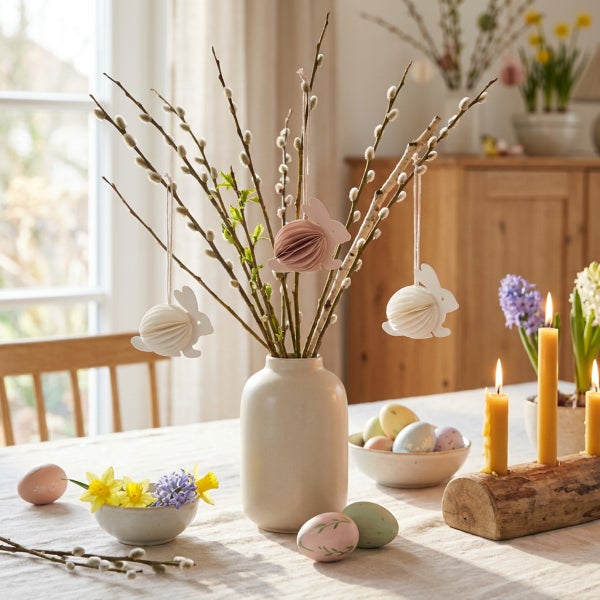 Osterdekoration auf einem Tisch mit einer Vase voller Weidenkätzchenzweige, dekoriert mit hängenden Papierosterhasen und Frühlingsblumen.