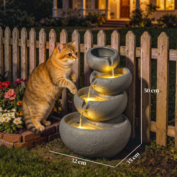 Frau hält eine einstellbare Pumpe neben einem vierstufigen Kaskadenbrunnen aus grauem Stein mit fließendem Wasser.