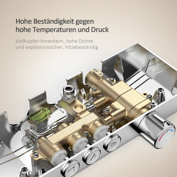 Schnittmodell einer Duscharmatur mit Innenkern aus Vollkupfer für hohe Beständigkeit gegen Temperatur und Druck.