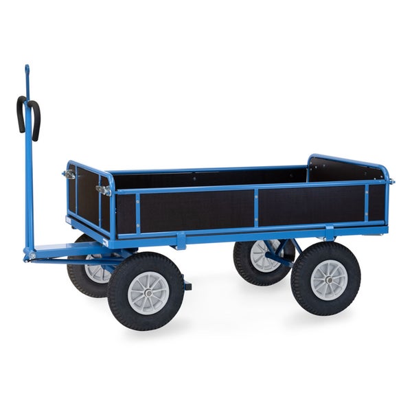 Blauer Handwagen mit vier Luftreifen, schwarzen Seitenwänden und einer Deichsel für den Transport.