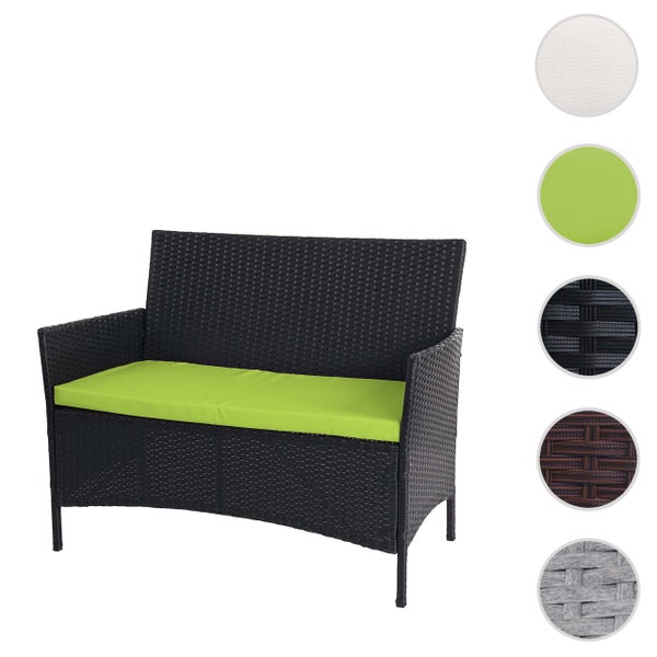 Polyrattan Gartenbank Zweisitzer mit Sitzkissen und verschiedenen Materialmustern.