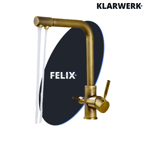 Küchenarmatur aus Messing mit zwei Wasserläufen, hohem L-Auslauf, zwei Bedienhebeln und fließendem Wasser. Felix Logo.