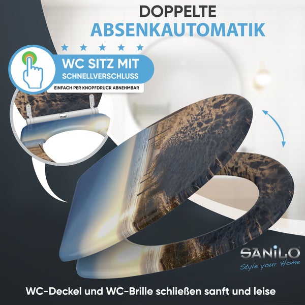 WC-Sitz mit Strandmotiv, doppelter Absenkautomatik und Schnellverschluss. Sanilo Logo.