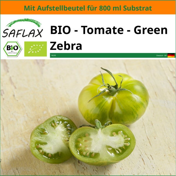 SAFLAX Garden in the bag - BIO - Tomate - Green Zebra - Solanum lycopersicum - 10 Samen - Mit Anzuchtsubstrat im praktischen, selbst aufstellenden Beutel