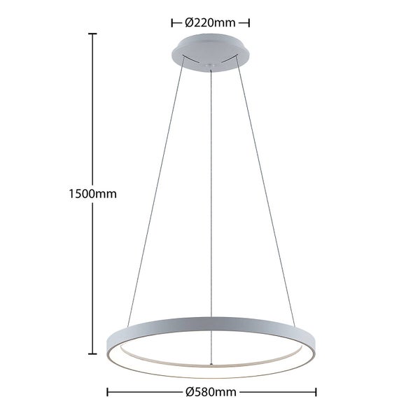 Moderne LED Ring-Pendelleuchte mit einem Durchmesser von 580 Millimetern, einer Höhe von 1500 Millimetern und Baldachin mit 220 Millimetern.