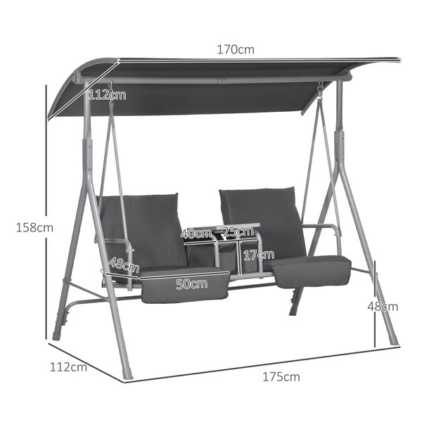 Outsunny Hollywoodschaukel 2-Sitzer Schaukelbank mit Baldachin, Tasche, Gartenschaukel mit Tablett, bis 180 kg Belastbar, für Garten, Balkon, Schwarz