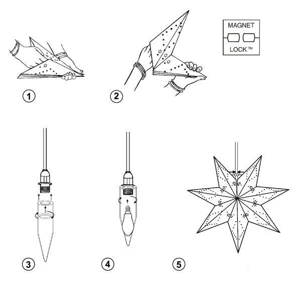 Anleitung zum Zusammenbauen eines Papiersterns mit Magnetverschluss und Lampenfassung
