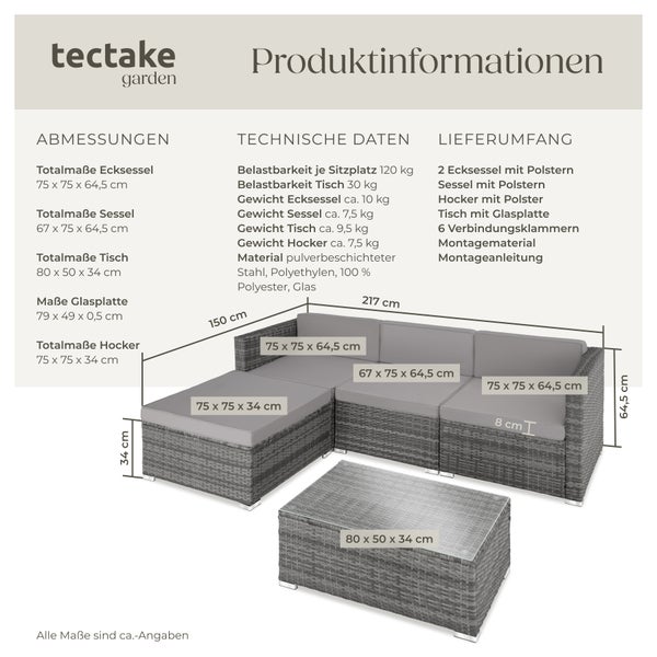 Rattan Lounge tectake Florenz mit Sicherheitsglasplatte für 3 bis 4 Personen grau