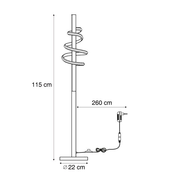 Technische Zeichnung einer Stehleuchte mit Spiral-Design, Höhe 115 Zentimeter, Durchmesser Standfuß 22 Zentimeter, Kabellänge 260 Zentimeter.