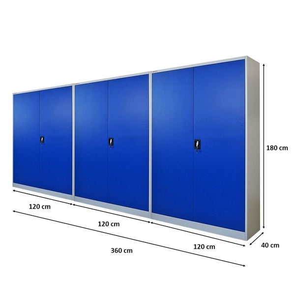 Drei blaue Metallschränke mit Türschlössern und den Maßen 180 x 120 x 40 cm