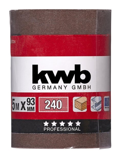 kwb Premium Schleifpapier-Rolle - K-240, 93 mm x 5 m, für Metall und Holz - Korund, Trockenbau - Geeignet für Schwing-Schleifer, Schleif-Klötze und Hand-Schliff