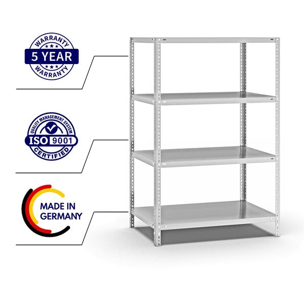 PROREGAL Fachbodenregal Schraubsystem Light-Duty Grundregal HxBxT 150 x 100 x 60 cm 4 Ebenen Fachlast 125 kg Beidseitig Nutzbar Lichtgrau