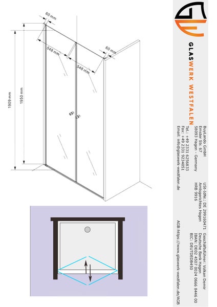 Technische Zeichnung einer Duschkabine mit Maßangaben