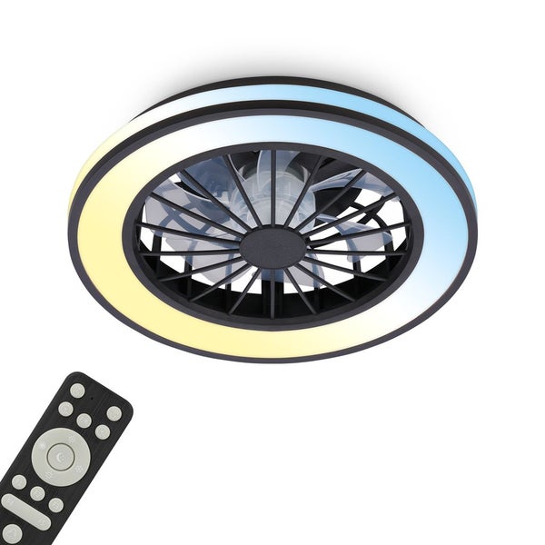Deckenventilator mit LED-Lichtring und Fernbedienung, schwarzes Gehäuse mit transparenten Rotorblättern.