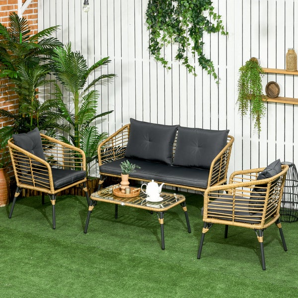 Outsunny 4 tlg. Gartenmöbel-Set, Rattan Sitzgarnitur mit Kissen, Sitzgruppe mit 3 Sesseln, 1 Couchtisch, Balkonmöbel im Boho-Stil für 4 Personen, Sand+Dunkelgrau