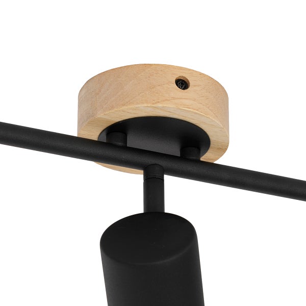 Deckenleuchte mit Holz Baldachin und schwarzem Metall Strahler