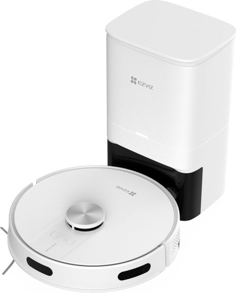 Weißer Saugroboter mit Absaugstation