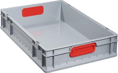 Graue Kunststoffbox mit roten Griffen für Lagerung und Transport