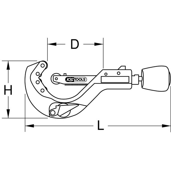 Technische Zeichnung eines Rohrabschneiders von KS Tools mit Angaben zu Durchmesser, Höhe und Länge.