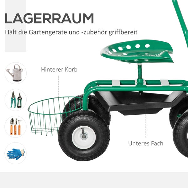 Outsunny Gartenwagen mit Rollsitz, 98cm x 45cm x 87cm, Metall+Gummi, Grün