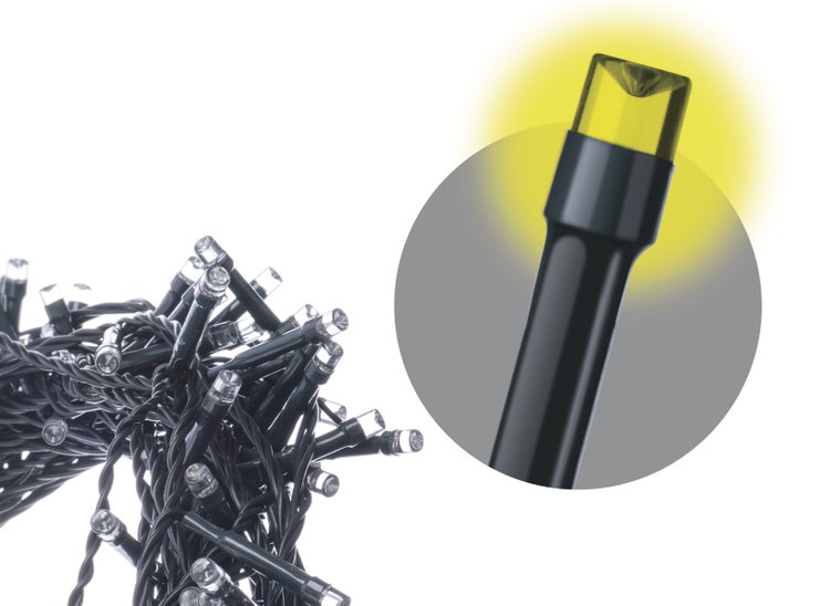 LED-Lichterkette mit Draufsicht auf eine einzelne gelbe LED