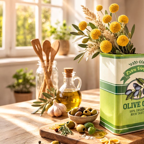 Stillleben mit Olivenöl, Knoblauch, Oliven, Kräutern und Küchenutensilien auf einem Holztisch