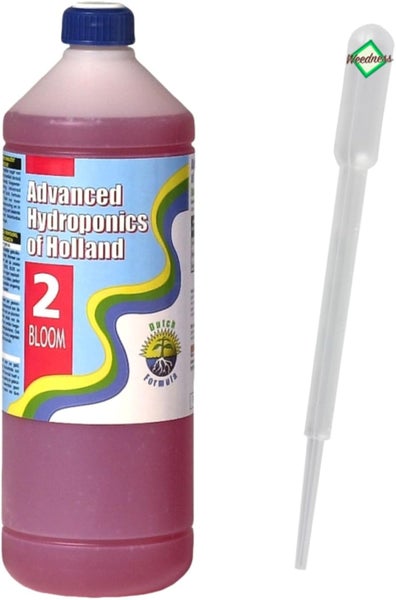 Advanced Hydroponics of Holland Dutch Formula 2 Bloom Flüssigdünger für die Blütephase inklusive Dosierpipette mit Weedness Logo.