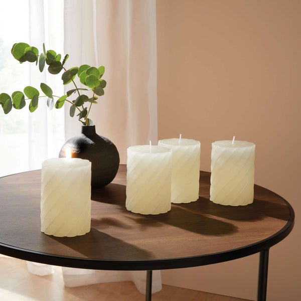 FRANK FLECHTWAREN | Stumpenkerze Creme, 4er Set, WACHS, 7,5 x 7,5 x 10 cm, Brenndauer 48H