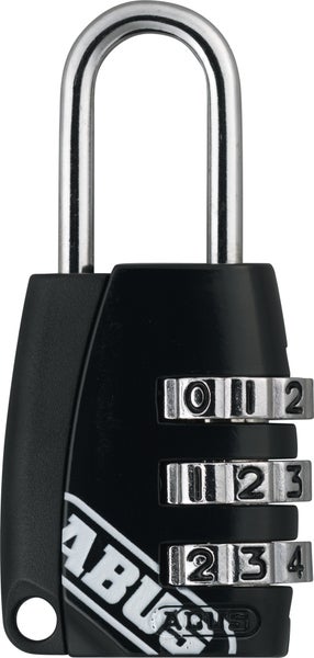 Schwarzes ABUS Zahlenschloss aus Kunststoff und Metall mit dreistelligem Zahlencode und ABUS Logo.