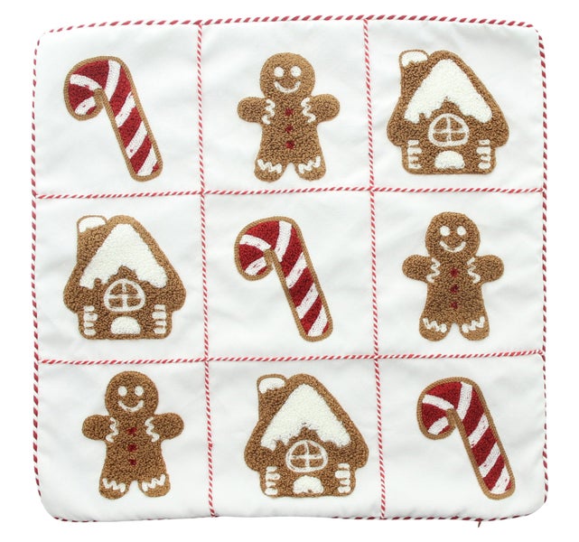 Kissen mit Lebkuchenmann-, Lebkuchenhaus- und Zuckerstangenmotiven