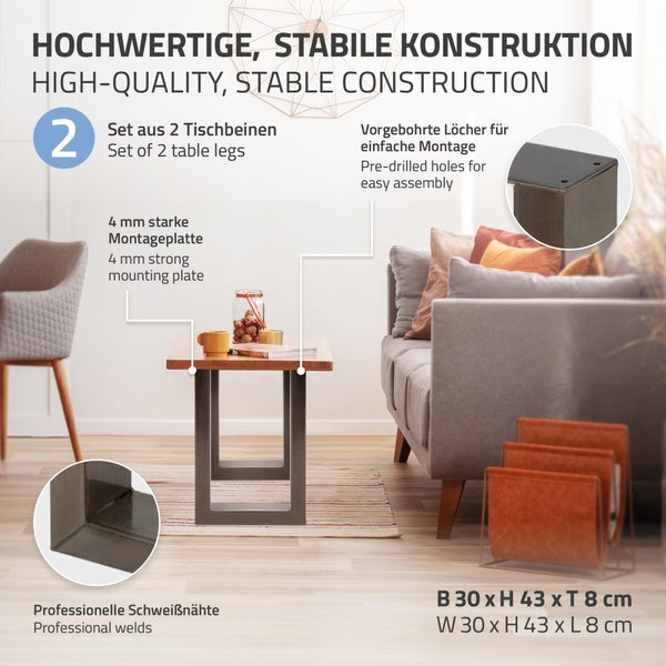 ECD Germany 2er Set Tischbeine 30x43 cm, Dunkelgrau, Stahl pulverbeschichtet, Industriestil, Vierkantprofil, Metall Tischkufen, Tischuntergestell Tischgestell Möbelfüße Bankkufen Bankgestell Bankbeine