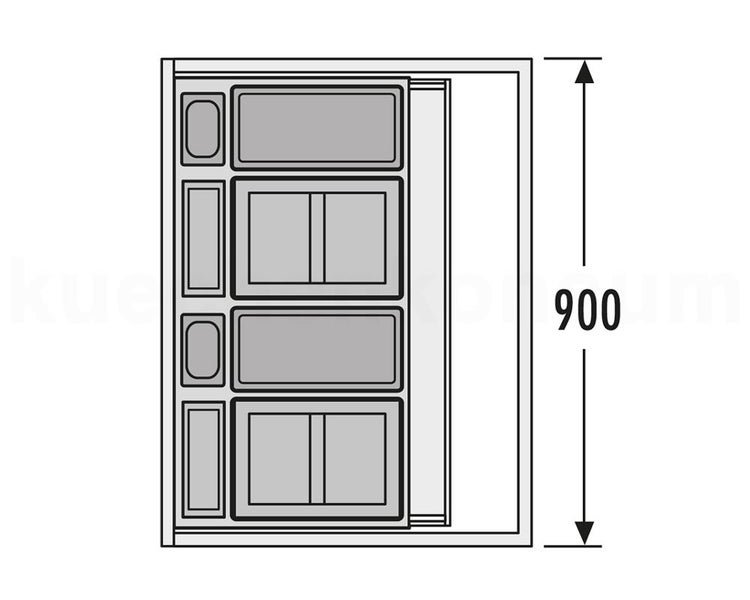 Technische Zeichnung eines Hochschrankauszugs mit vier Tablaren und einer Höhe von 900 Millimetern.