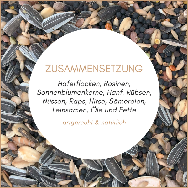 Zusammensetzung von Vogelfutter mit Haferflocken, Rosinen, Sonnenblumenkernen, Hanf, Rübsen, Nüssen, Raps, Hirse, Sämereien, Leinsamen, Ölen und Fetten.