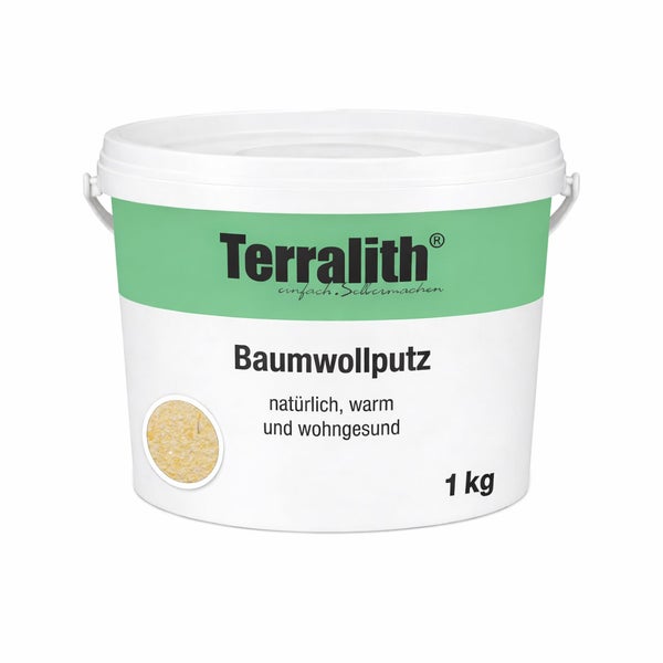 Terralith Baumwollputz im 1 Kilogramm Eimer für eine natürliche und warme Wandgestaltung.