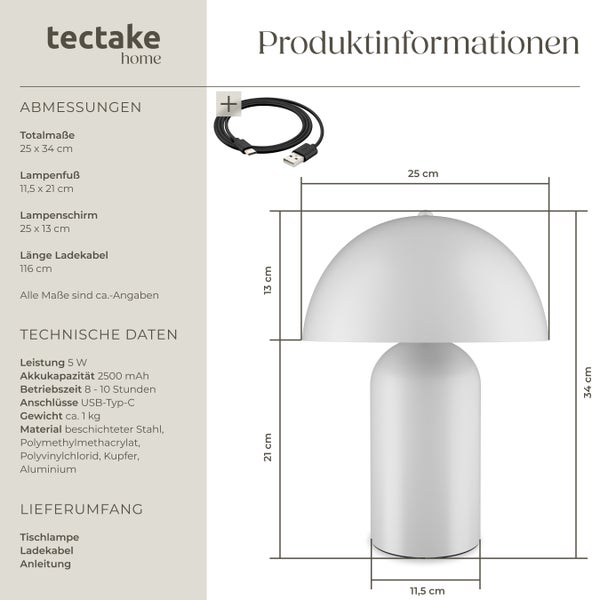 tectake Kade Kleine Retro-Tischlampe Kade, dimmbar  25 x 34 cm weiß